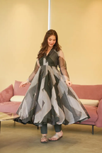 ZIGZAG BLACK AND GRAY POSITION FOIL WORK FULLY FLAIR ANARKALI PATTERN AND CANVAS PATTA WITH DUPPTA SET READY TO WEAR
