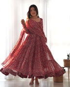 Layered Maroon Printed Anarkali Gown With Pant & Dupatta Set