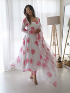 White Pink Flower Organza Printed Anarkali Kurti With Pant & Dupatta Set