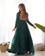 Layered Bottle Green Embroidered & Printed Anarkali Gown