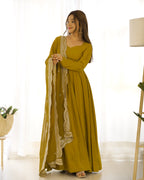 Mustard Chanderi Silk Anarkali Gown With Pant & Dupatta Set
