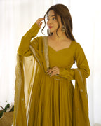 Mustard Chanderi Silk Anarkali Gown With Pant & Dupatta Set