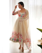 Cream Flower Printed Anarkali Gown With Pant & Dupatta Set