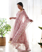 Pink Fulwari Organza Printed Anarkali Kurti With Pant & Dupatta Set