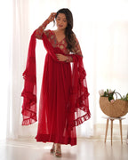 Red Designer Anarkali Gown With Pant & Dupatta Set