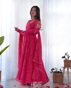 Neck Bandhej Chiffon Printed Anarkali Kurti With Pant & Dupatta Set