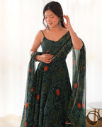 Bandhej Green Chiffon Printed Gown With Pant & Dupatta Set