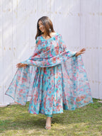 Sky Stains Organza Printed Anarkali Gown With Pant & Dupatta Set