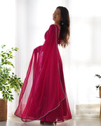 Hot Pink Georgette Anarkali Kurti With Pant Dupatta Set