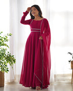 Hot Pink Georgette Anarkali Kurti With Pant Dupatta Set