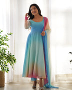 Sky Colored Organza Anarkali Gown With Pant & Dupatta Set